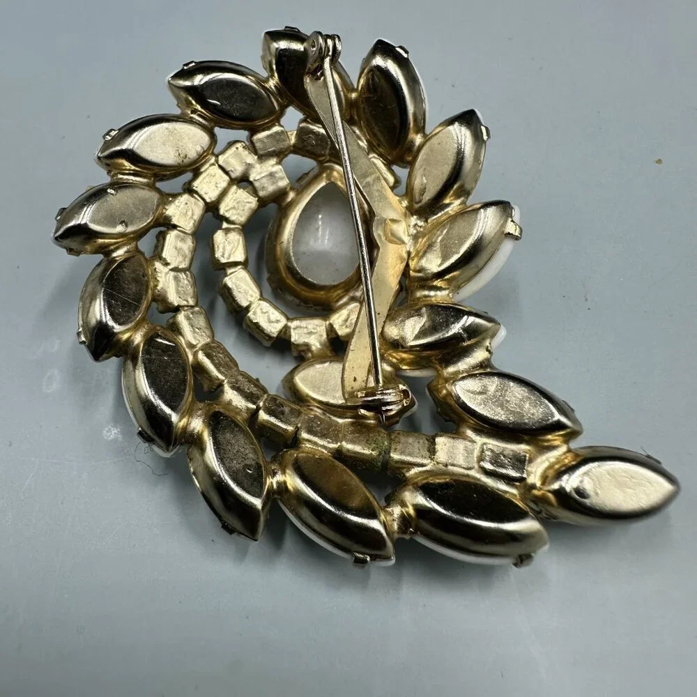 Vintage Milk Glass Rhinestone Brooch Silver Tone Aurora Borealis Swirl Statement